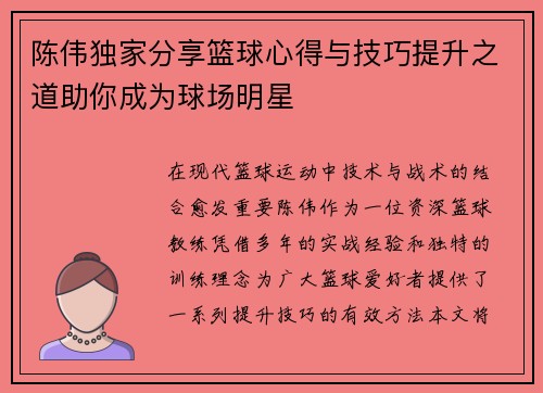 陈伟独家分享篮球心得与技巧提升之道助你成为球场明星