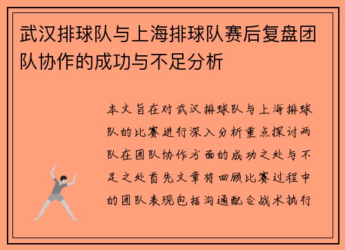 武汉排球队与上海排球队赛后复盘团队协作的成功与不足分析