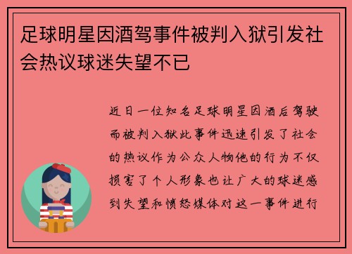 足球明星因酒驾事件被判入狱引发社会热议球迷失望不已
